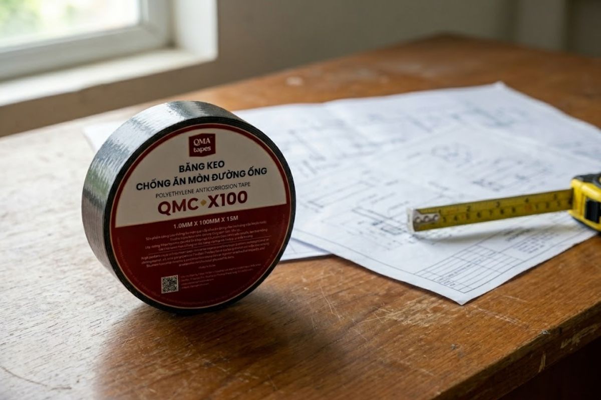 Cuộn băng dính chống ăn mòn QMA X-100 màu đen chuyên dụng được đặt trên bề mặt đường ống kim loại công nghiệp.