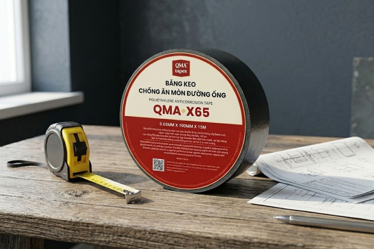 Cuộn băng dính chống ăn mòn QMA X-65 màu đen được chụp thực tế cạnh bản vẽ kỹ thuật, sẵn sàng giao cho dự án đường ống