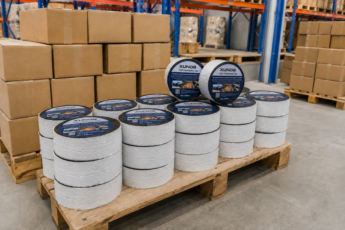 Các pallet chứa thùng hàng và cuộn băng quấn chống ăn mòn Xunda T300 xếp ngay ngắn trong kho thông thoáng