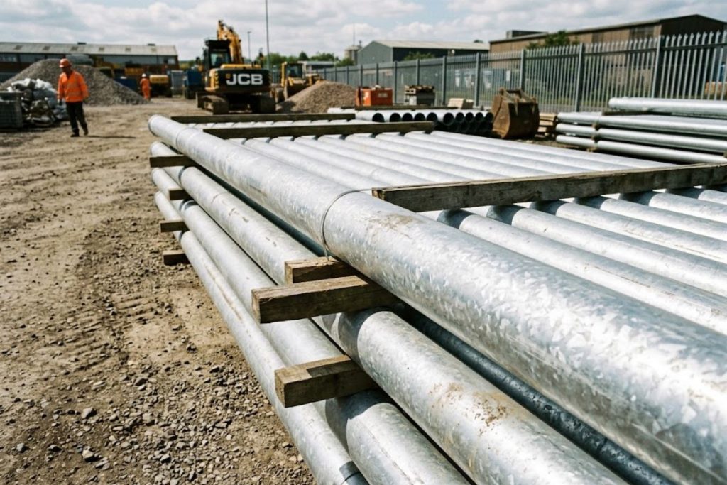 Các ống thép mạ kẽm nhúng nóng được tập kết tại công trường, thường dùng cho hệ thống PCCC và cấp nước lộ thiên.