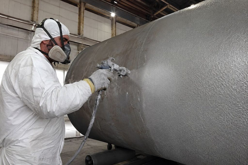 Công nhân đang phun sơn epoxy bảo vệ bề mặt thép, một biện pháp chống ăn mòn kim loại hiệu quả và phổ biến.