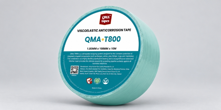 Cuộn băng nhớt đàn hồi chống ăn mòn QMA T800 màu xanh dùng cho mặt bích, van và phụ kiện đường ống.