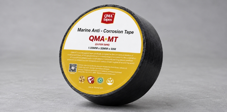 Cuộn băng quấn hàng hải chống ăn mòn QMA MT màu đen với nhãn vàng QMA Marine Tape ở mặt trước